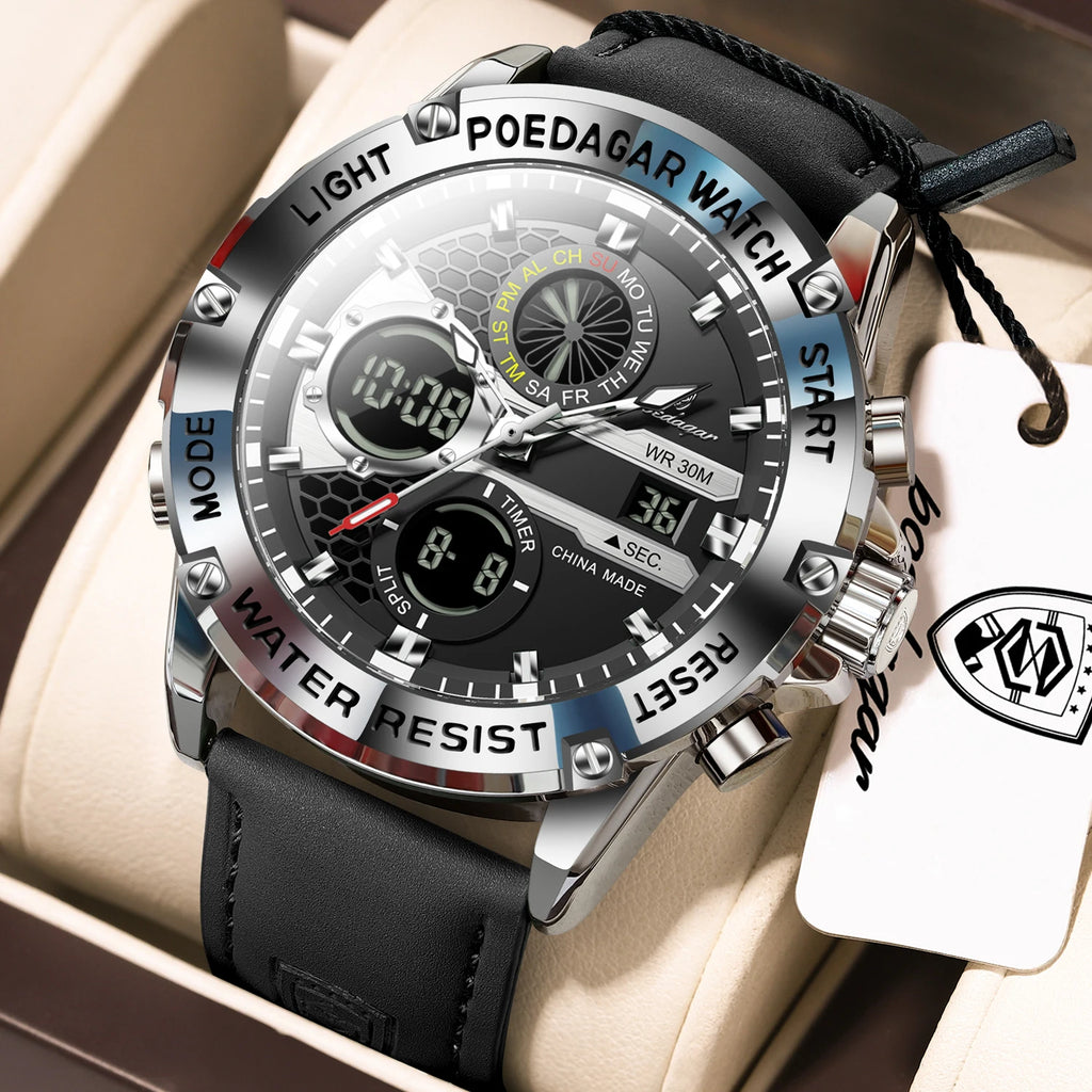 Poedagar E125 Men's Watch Dual Display Digital Analog Quartz Watches Luminous Waterproof Leather Strap Sports Wristwatch for Men