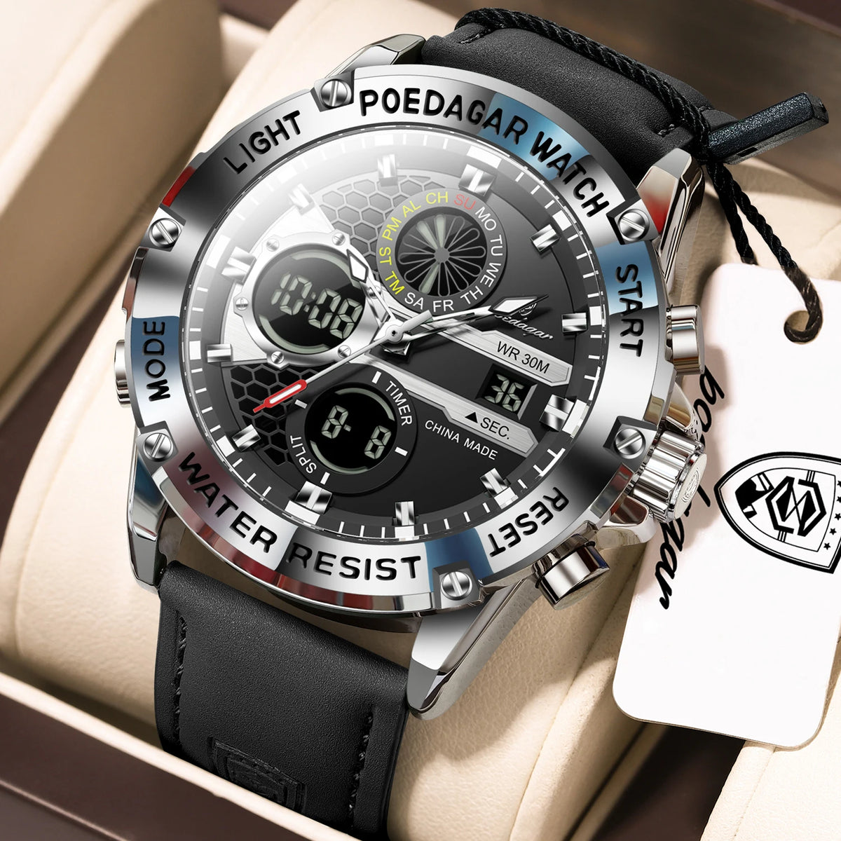 Poedagar E125 Men's Watch Dual Display Digital Analog Quartz Watches Luminous Waterproof Leather Strap Sports Wristwatch for Men