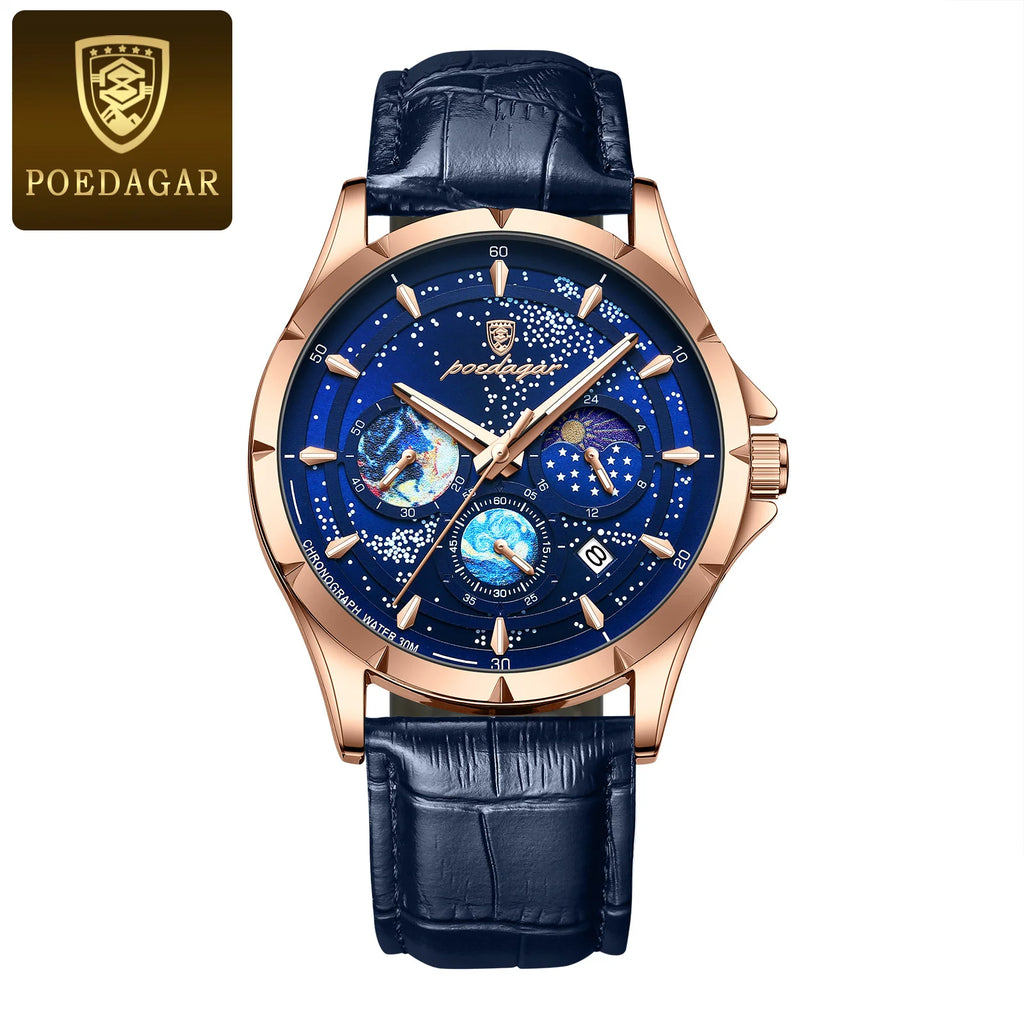 Poedarar New Luxury Fashion Starry Sky Dial Men Quartz Watches Waterproof Luminous Leather Watch for Men