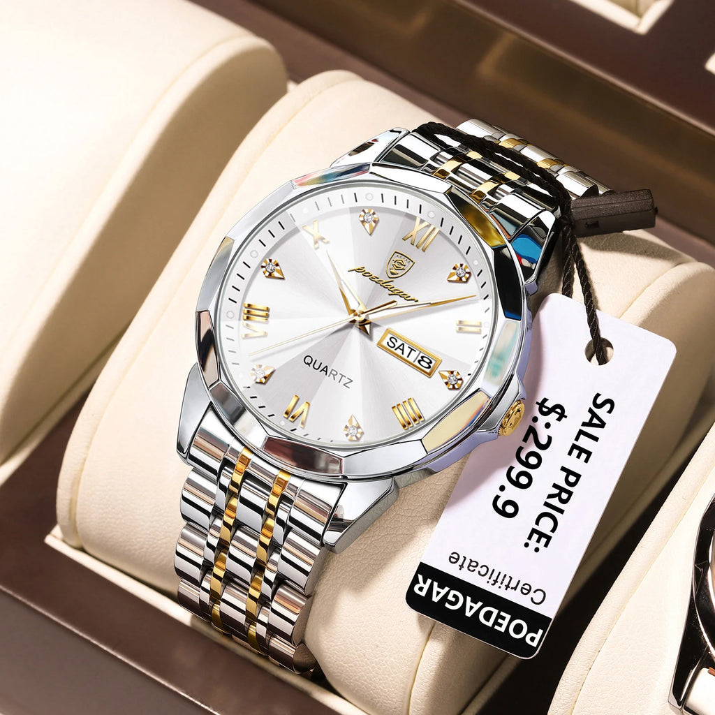 Poedagar Luxury Fashion Diamond Montre Homme 3 Bar Waterproof Stainless Steel Quartz Watches Luminous Date Watches for Men