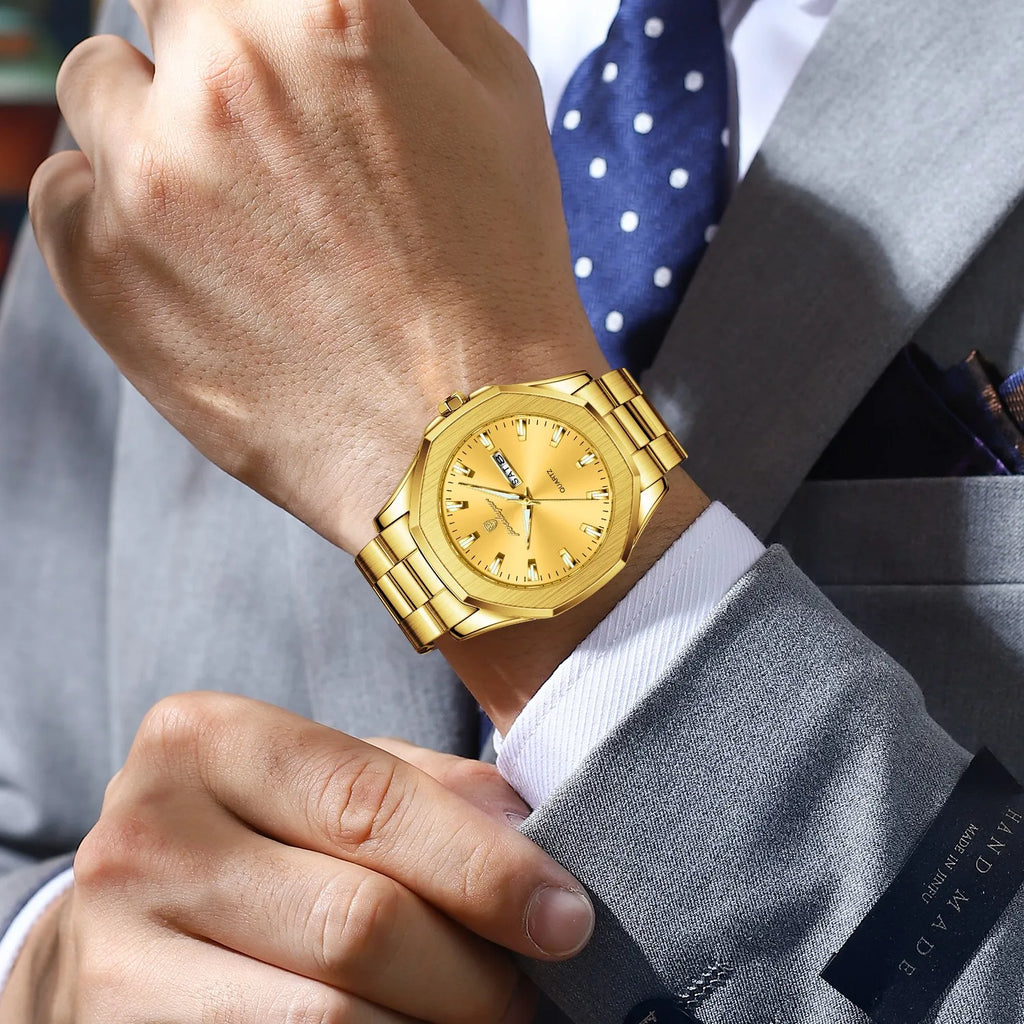 Poedagar 875 Luxury Mens Watch All Gold Octagonal Case Stainless Steel Quartz Watch Reloj Luminous Waterproof Wristwatch for Men