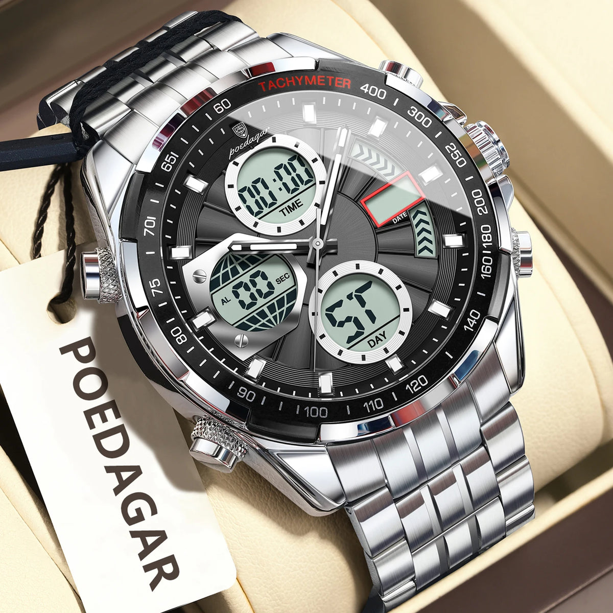 Poedagar E108 Multifunction Chronograph Alarm Stainless Steel Strap Men's Quartz Watch with 30M Waterproof Luminous