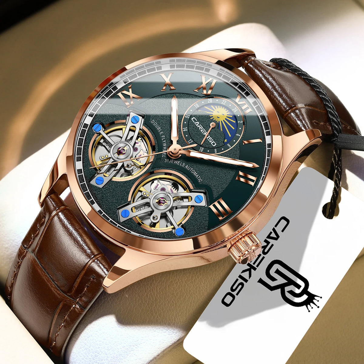 CAREKISO C123 Men Automatic Mechanical Watch Luxury Sport Leather Strap Waterproof Luminous Wristwatch