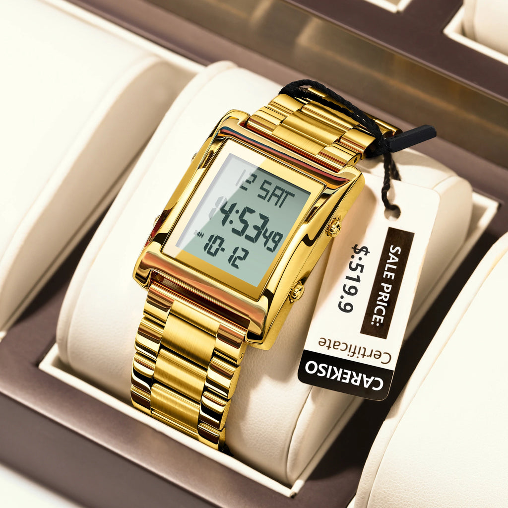 CAREKISO Original Men Watch Waterproof Week Calendar Alarm Man Wristwatch Rectangle Stainless Steel Electronic Men's Watches
