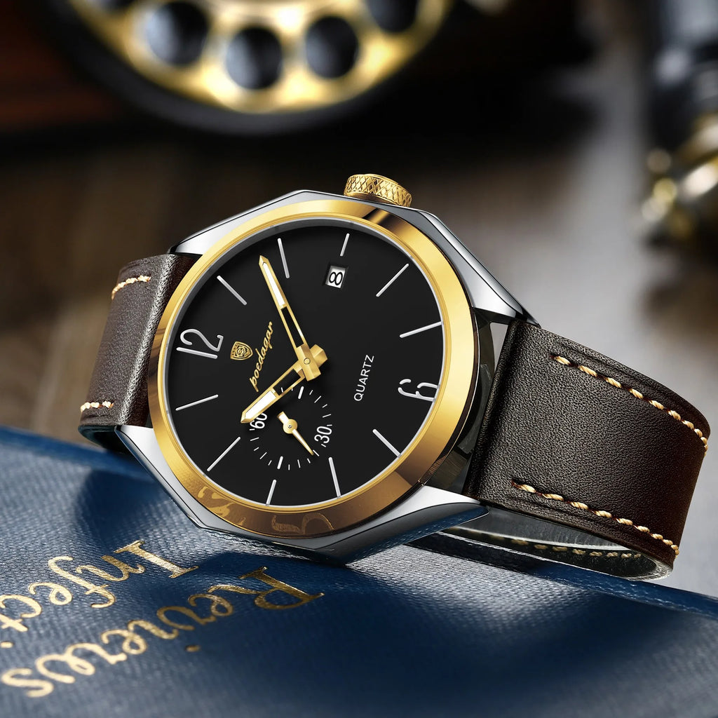 POEDAGAR 689 Quartz Watch Men Hardlex Dial Leather Strap 3ATM Waterproof Luminous Night Light Business Wristwatch
