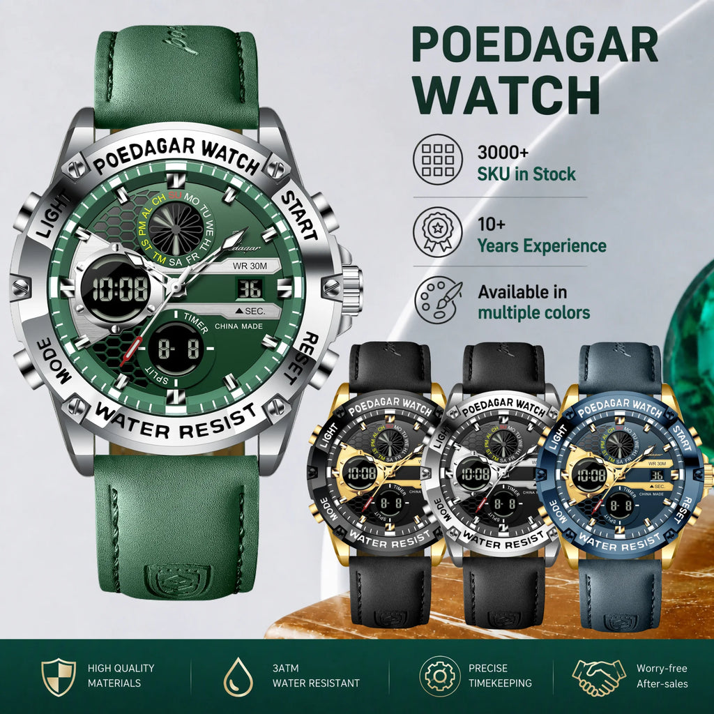 Poedagar E125 Men's Digital Watch Dual Display Quartz Watches Montre Analog Luminous Leather Strap Sports Wristwatch for Men