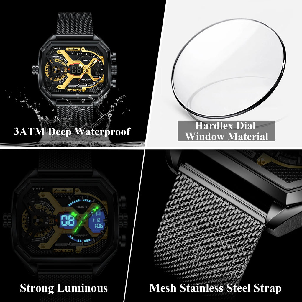 Poedagar E106 Luxury Mens Watch Square Stainless Steel Mesh Strap Wristwatch for Men Waterproof Chronograph Quartz Watches Reloj