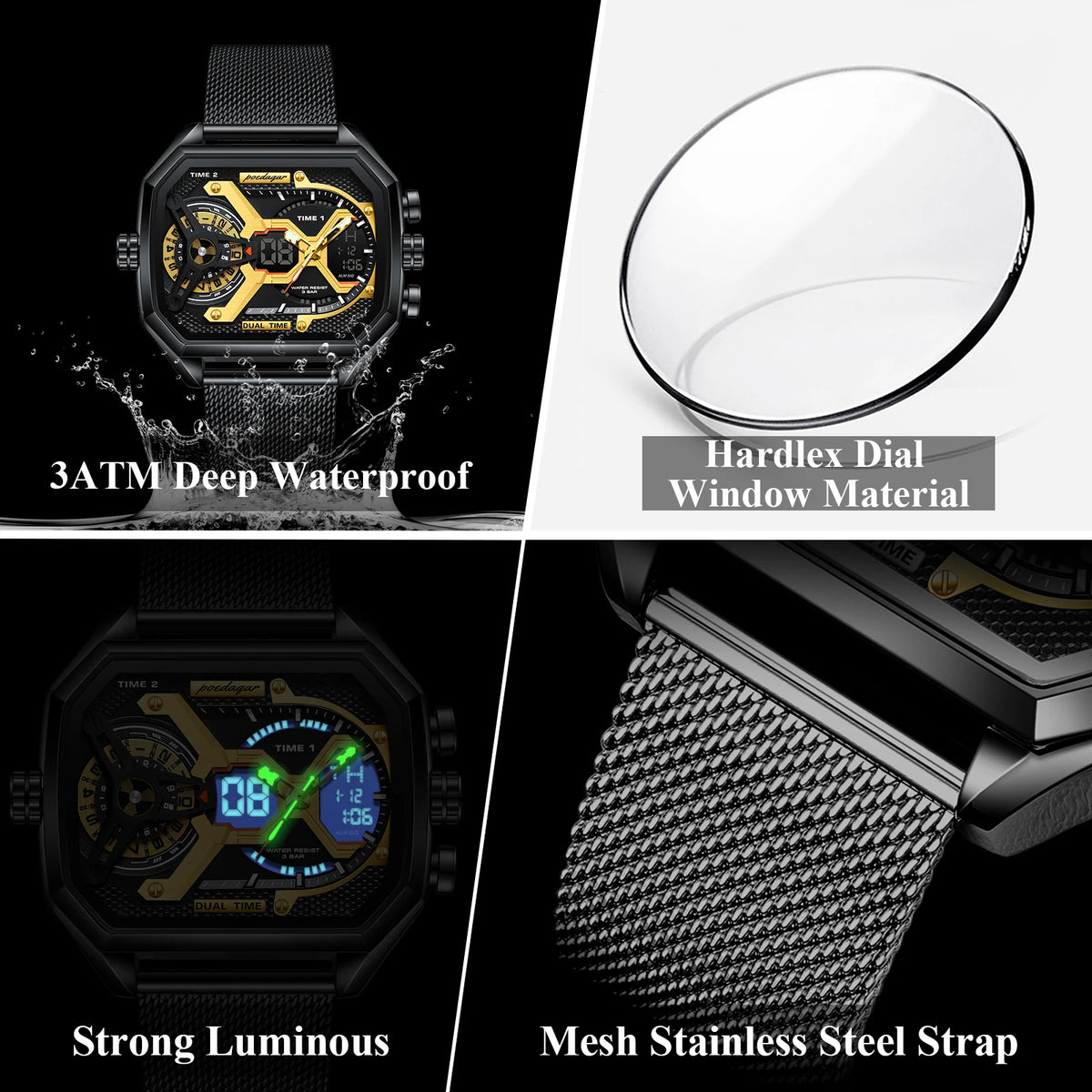 Poedagar E106 Luxury Mens Watch Square Stainless Steel Mesh Strap Wristwatch for Men Waterproof Chronograph Quartz Watches Reloj