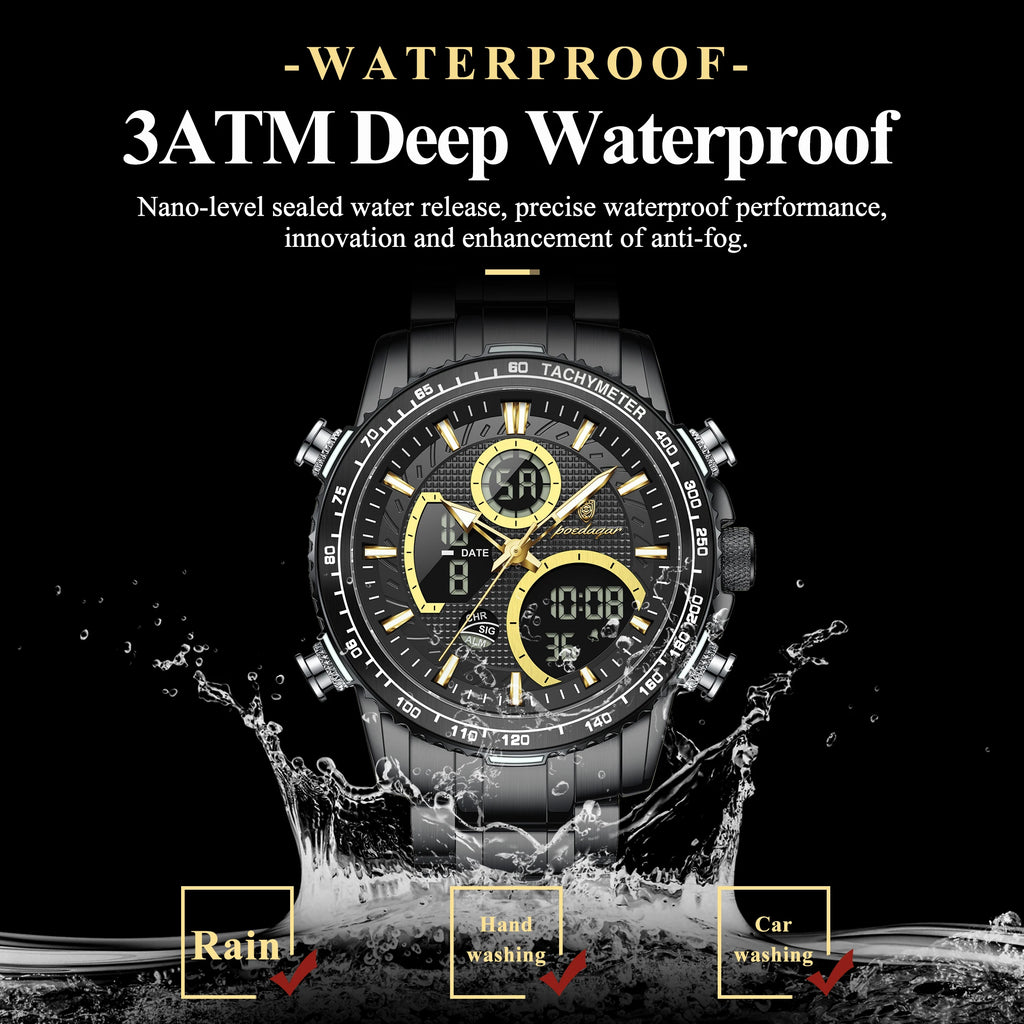 Poedagar E127 Luxury Men's Analog-Digital Watch Luminous Waterproof Dual Display Montre Homme Stainless Steel Quartz Watches