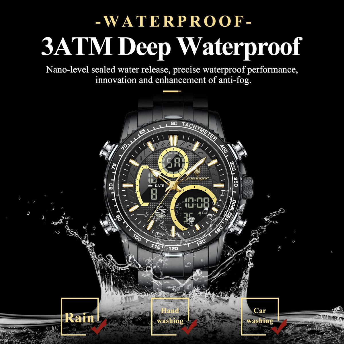 Poedagar E127 Luxury Men's Analog-Digital Watch Luminous Waterproof Dual Display Montre Homme Stainless Steel Quartz Watches