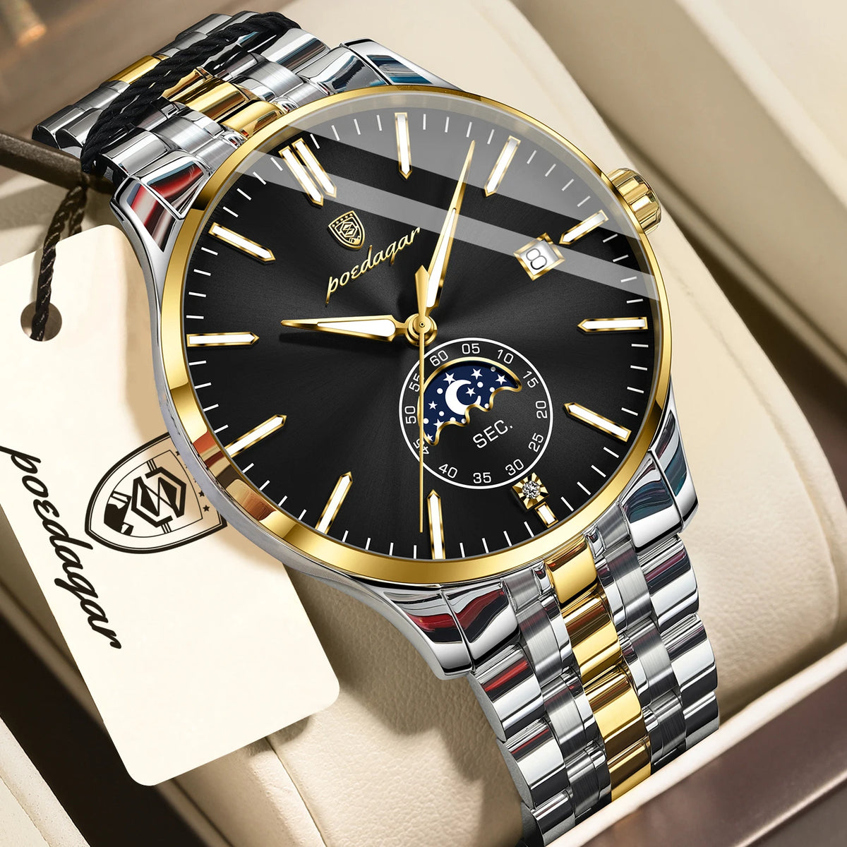 Poedagar 854 Luxury Mens Wristwatch Moon Phase Calendar Watch Stainless Steel Bracelet Montre Waterproof Business Watch for Men