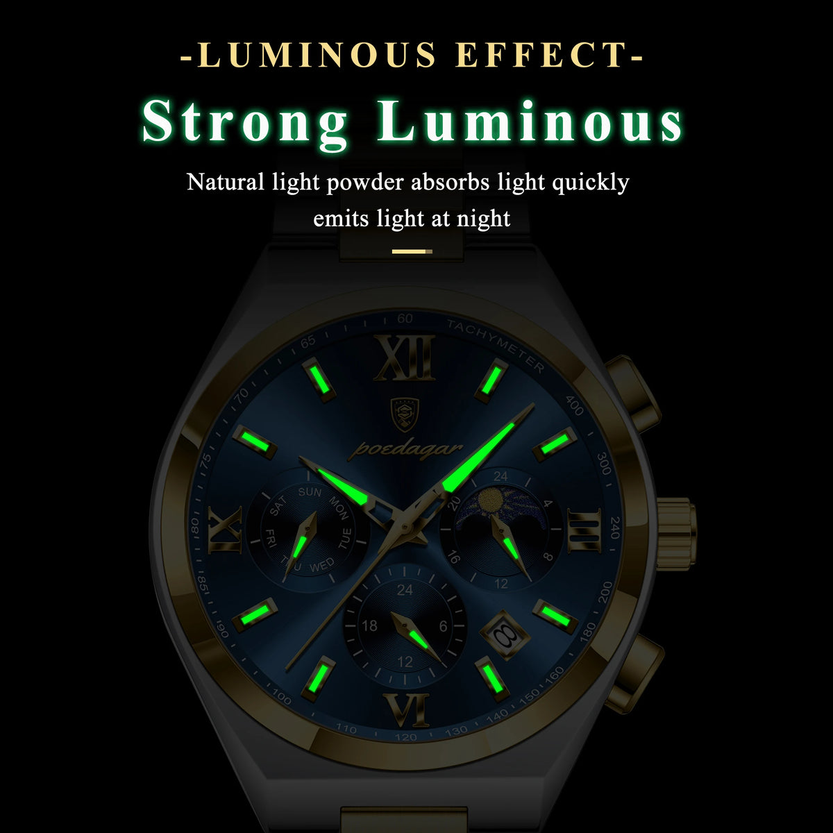 Poedagar New Fashion Men's Quartz Watch 42MM Dial Waterproof Multi-Functional Chronograph Stainless Steel Watch for Men