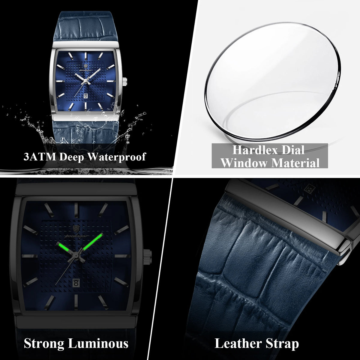 Poedagar 885 Men's Quartz Watch Leather Strap Luminous Date Display Waterproof Luxury Fashion Square Watch for Men Herrenuhr