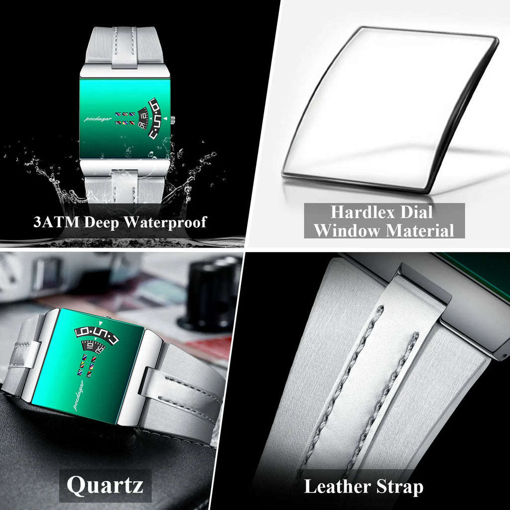 Poedagar 857 Luxury Men Watch Leather Strap Mint Green Mirror Dial Wristwatch Waterproof Daily Wear Watch for Men Factory Direct
