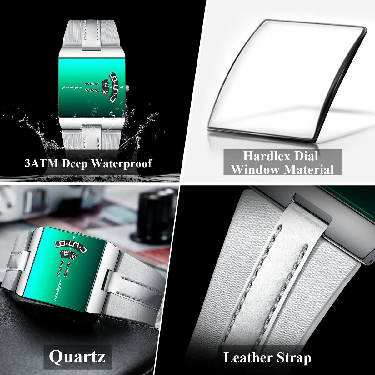 Poedagar 857 Luxury Men Watch Leather Strap Mint Green Mirror Dial Wristwatch Waterproof Daily Wear Watch for Men Factory Direct