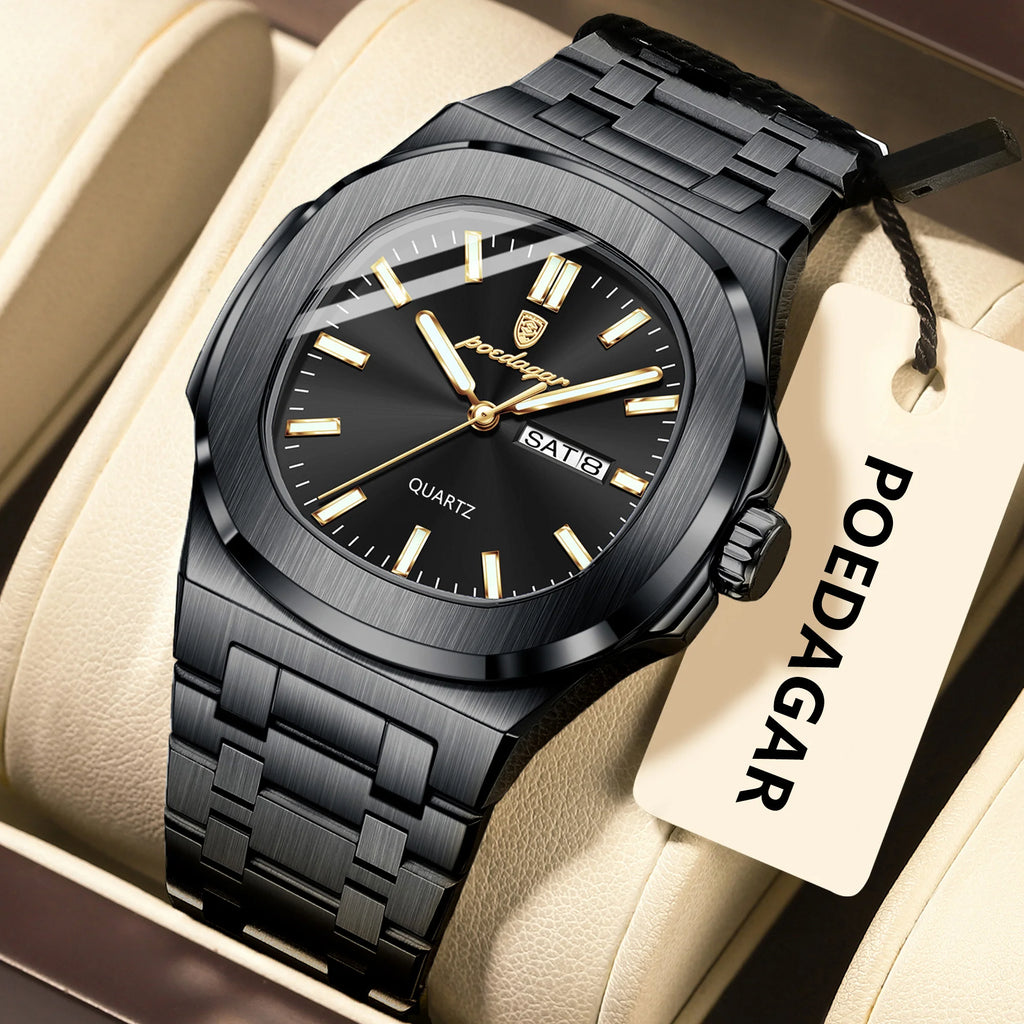 POEDAGAR 853 Reloj Watch for Men Luxury Stainless Steel Quartz Waterproof Calendar Men Wrist Watch