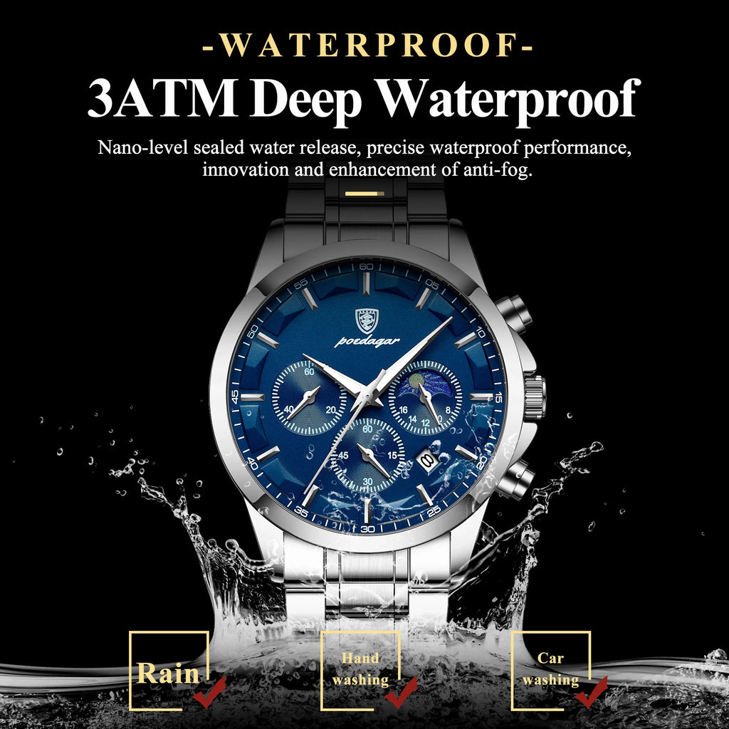 Poedagar 928 Luxury Men Watch Moon Phase Chronograph Relief Dial Stainless Steel Luminous Waterproof Business Sport Quartz Watch