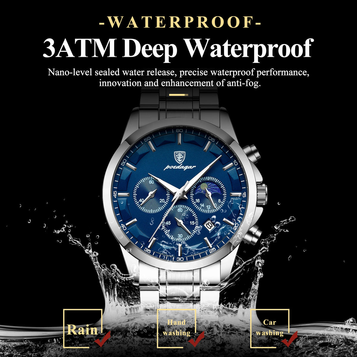 Poedagar 928 Luxury Men Watch Moon Phase Chronograph Relief Dial Stainless Steel Luminous Waterproof Business Sport Quartz Watch