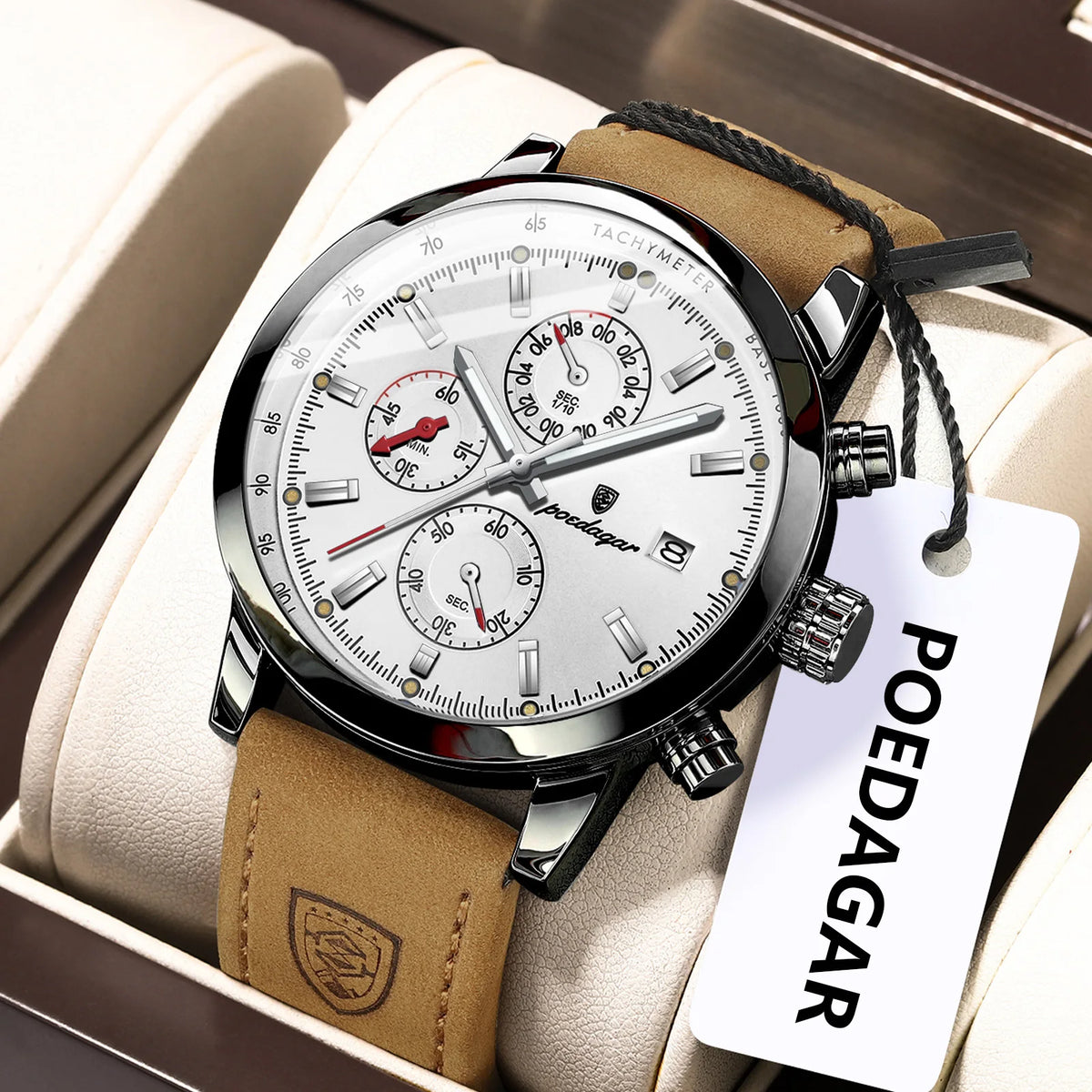 Poedagar 932 Luxury Men's Watch Leather Strap Waterproof Quartz Watches Luminous Chronograph Wristwatch for Men Montre Homme