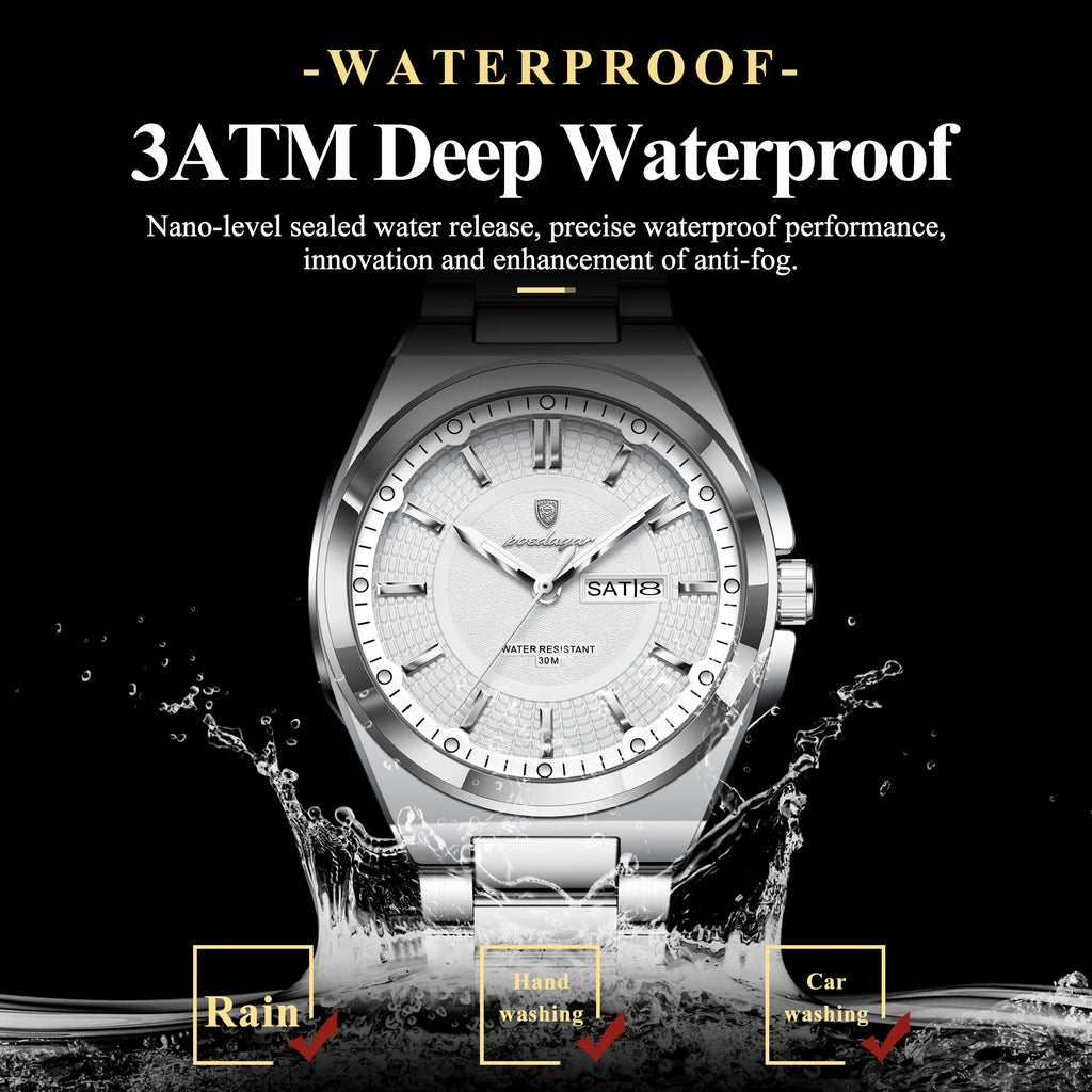 Poedagar 896 Men Watch Luxury Stainless Steel Luminous Reloj Date Week Quartz Watch 3ATM Waterproof Business Wristwatch for Men