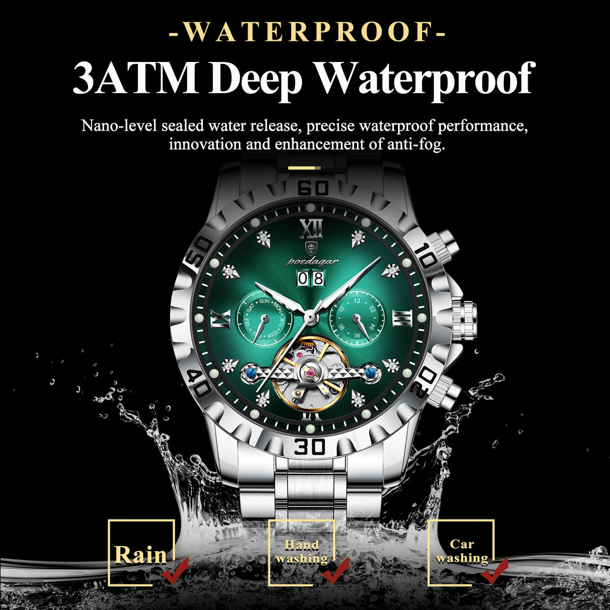 Poedagar 1418 Luxury Men's Mechanical Watch Date Waterproof Wristwatch Hollow Luminous Stainless Steel Automatic Watch for Men