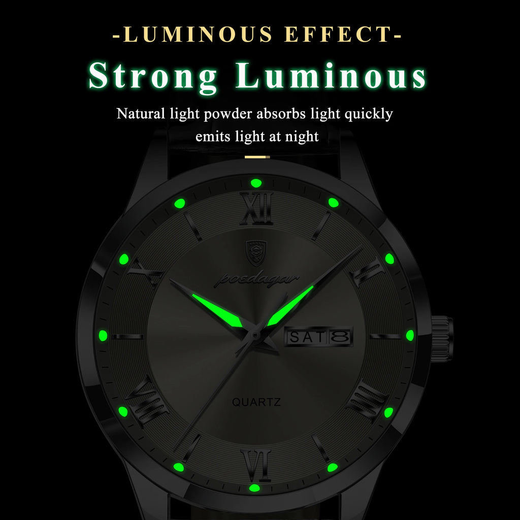 Poedagar 978 Luxury Leather Bracelet Quartz Watch for Men Luminous Waterproof Mens Watch