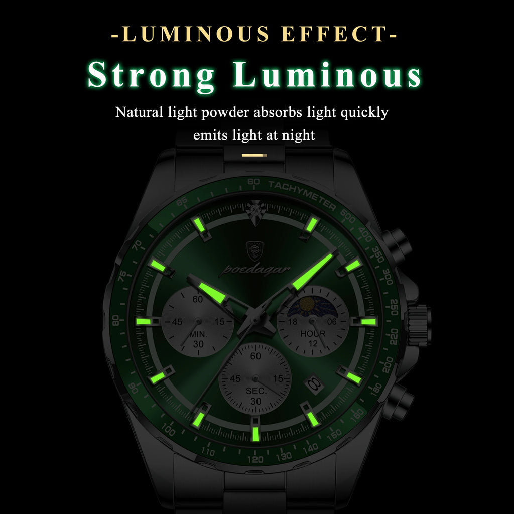 Watch for Men Luxury Poedagar 879 Original Chronograph Quartz Watches Date Waterproof Montre Luminous Stainless Steel Mens Watch