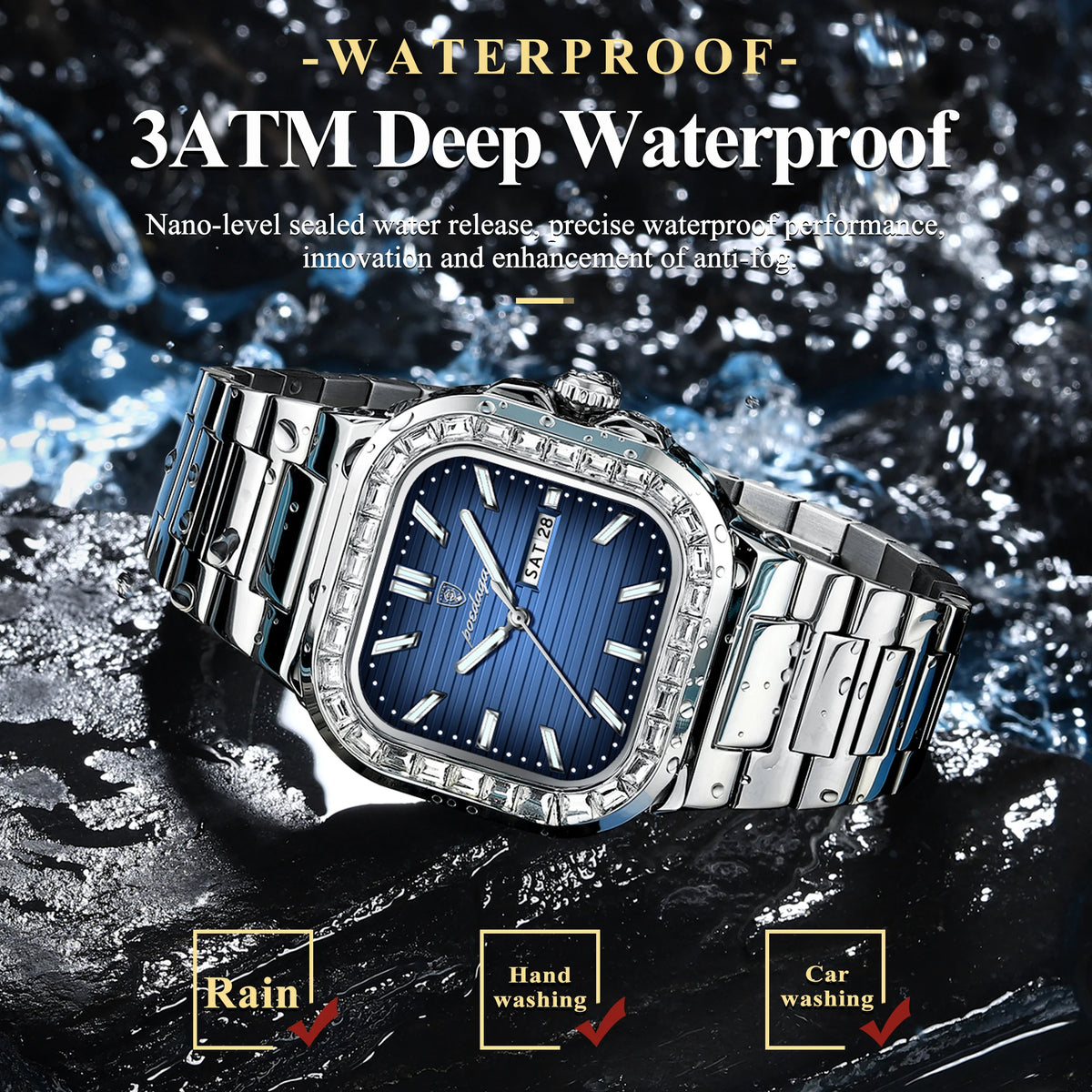 Poedagar New Arrival Waterproof Luxury Square Quartz Watch Luminous Stainless Steel Watch for Men