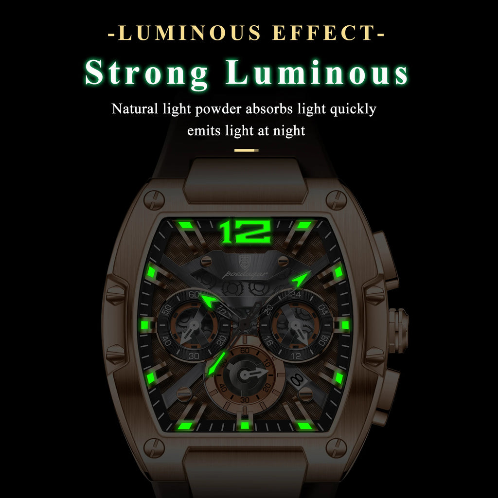 Poedagar 9051 Luxury Sport Men's Chronograph Alloy Case Square Dial Silicone Strap 3BAR Water Resistant Quartz Watch