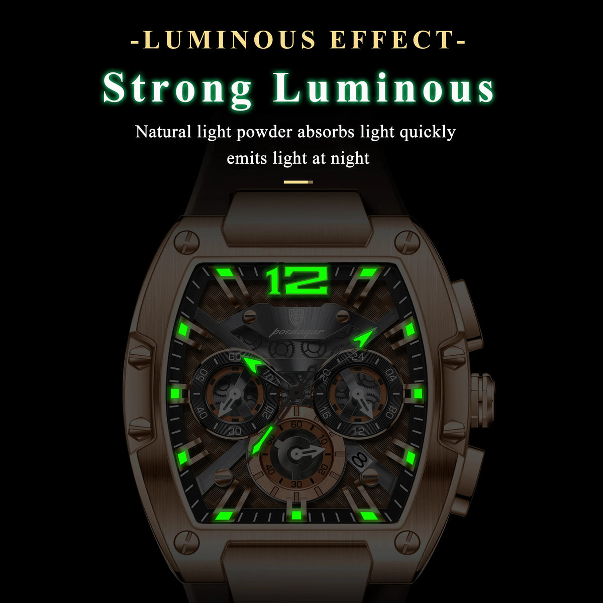 Poedagar 9051 Luxury Sport Men's Chronograph Alloy Case Square Dial Silicone Strap 3BAR Water Resistant Quartz Watch