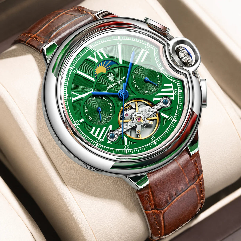 Poedagar 1413 Luxury Men's Automatic Mechanical Watch Hollow Tourbillon Leather Strap Reloj Luminous Waterproof Watch for Men