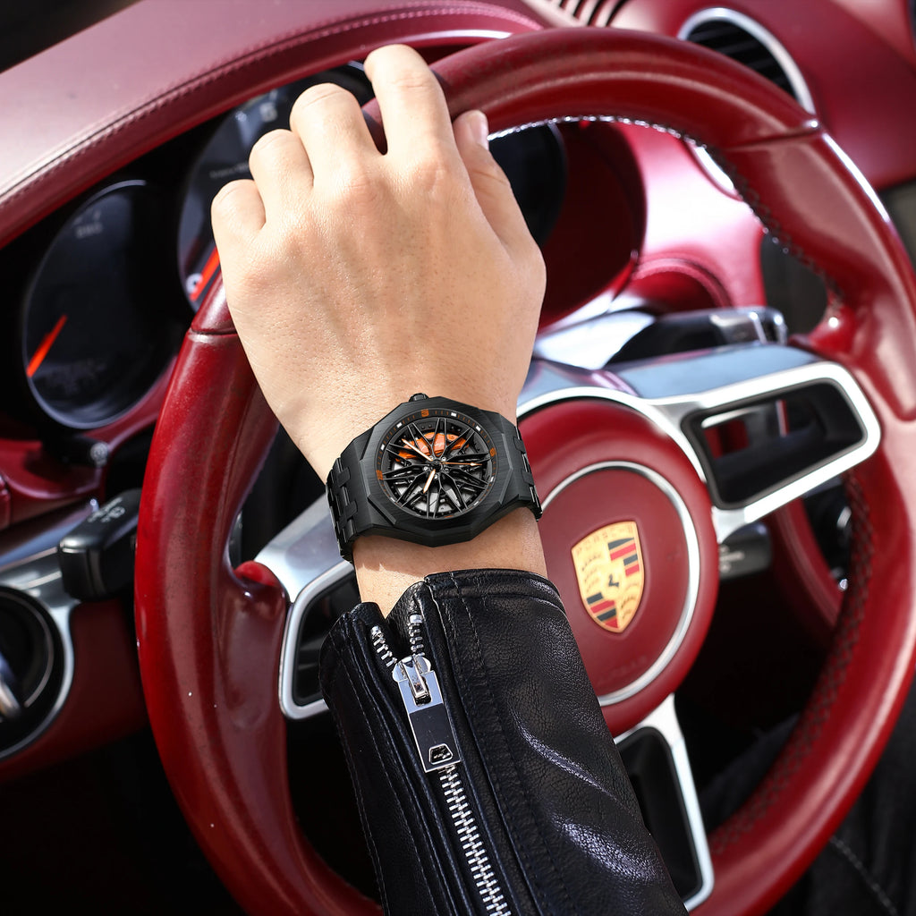 Poedagar 809 Mens Quartz Watch 3D Rotating Car Wheel Hub Stainless Steel Band Sports Wristwatch for Men Wholesale Ready to Ship