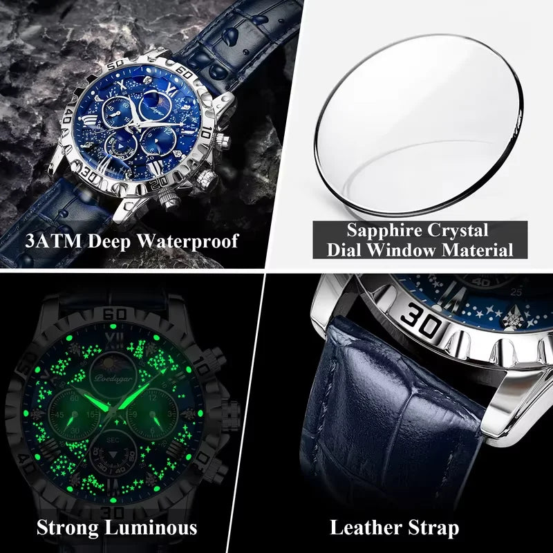 Poedagar High Quality Leather Luxury Mens Watch Waterproof Luminous Quartz Watches Chronograph Watch for Men