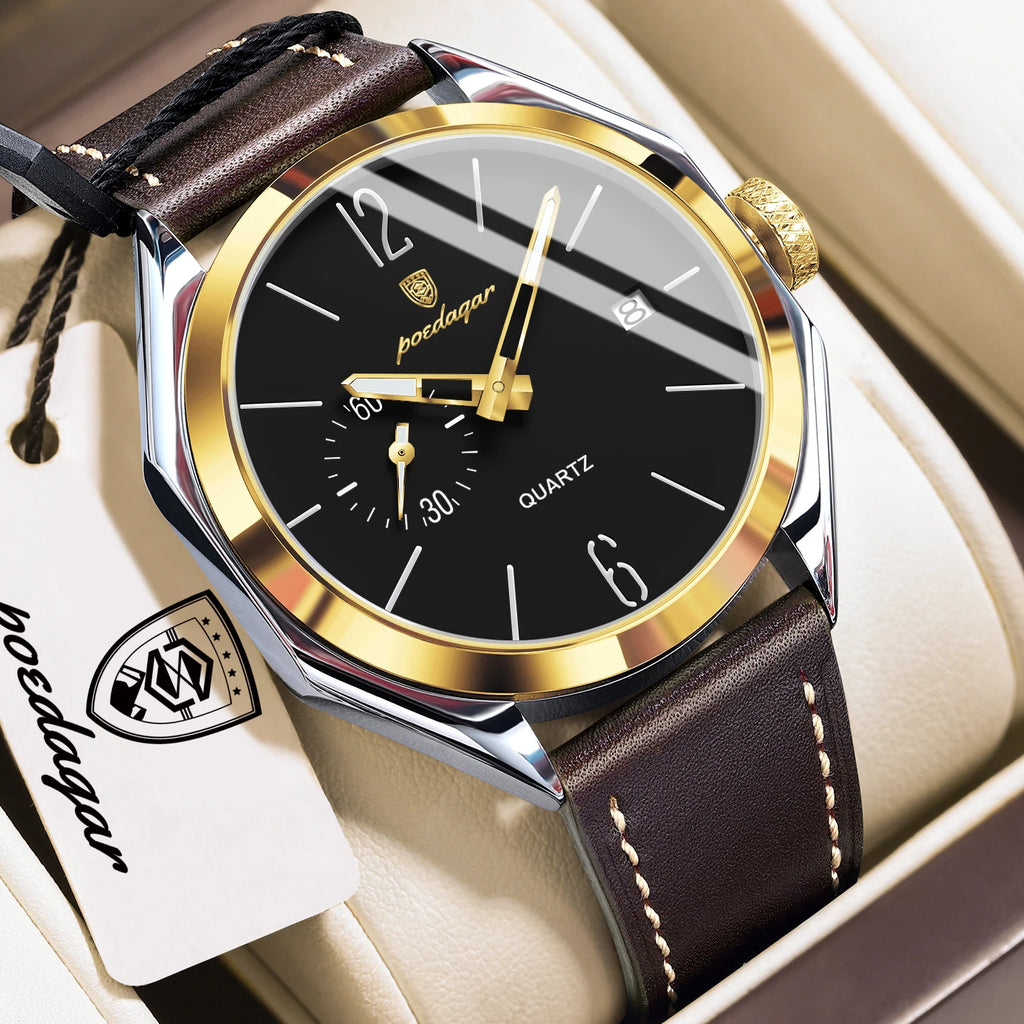 POEDAGAR 689 Quartz Watch Men Hardlex Dial Leather Strap 3ATM Waterproof Luminous Night Light Business Wristwatch