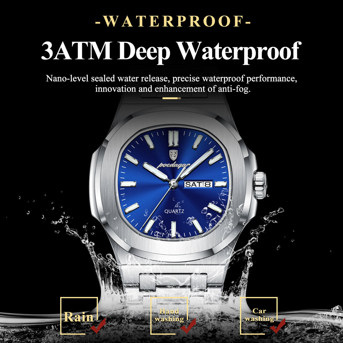 POEDAGAR 853 Reloj Watch for Men Luxury Stainless Steel Quartz Waterproof Calendar Men Wrist Watch