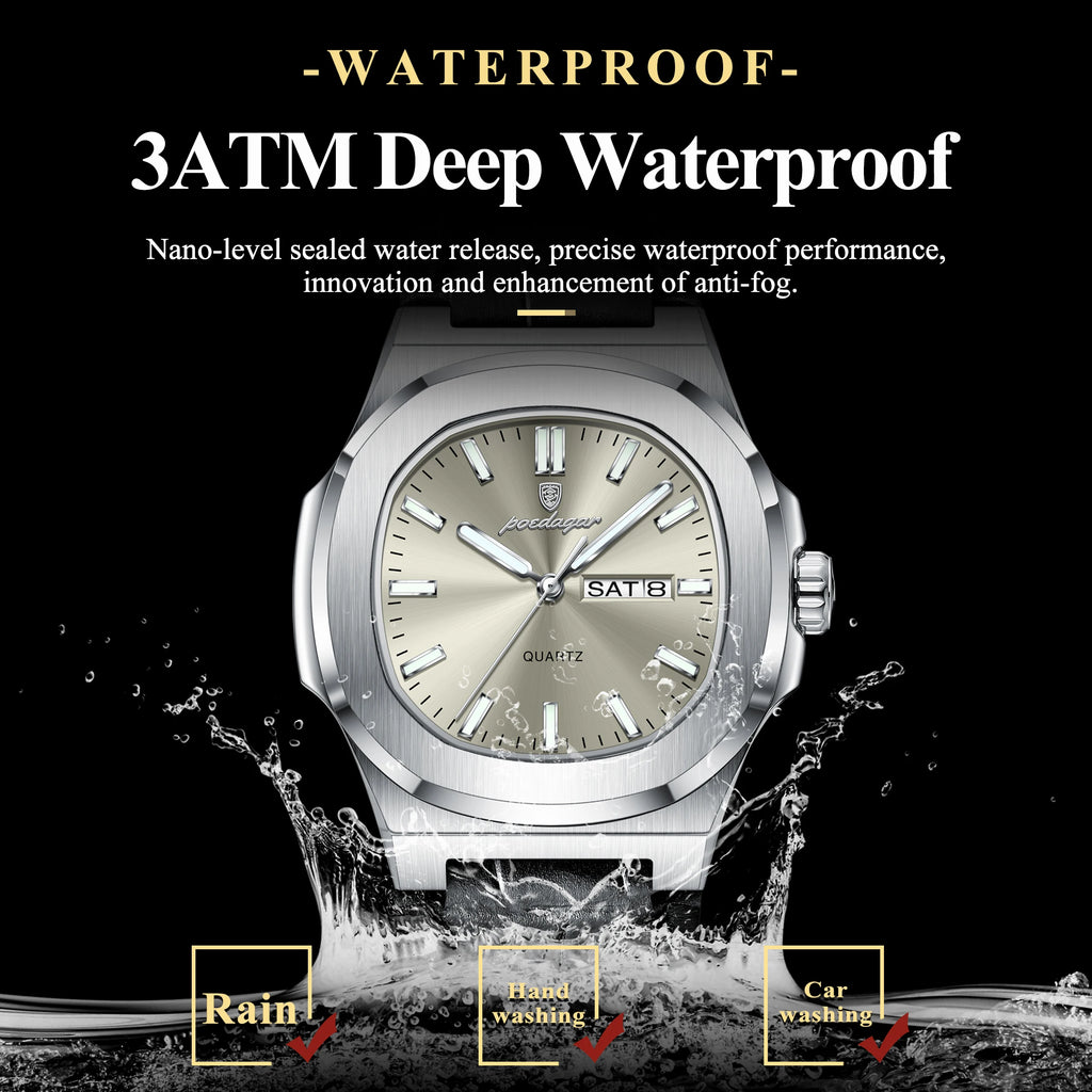 Poedagar 853 Luxury Leather Square Mens Watch Waterproof Luminous Quartz Watches Date Week Calendar Watch for Men