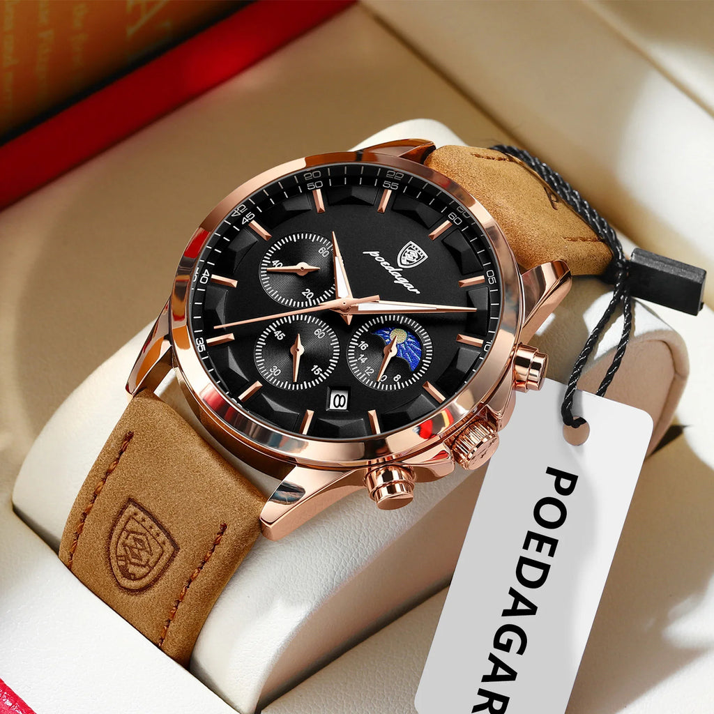 Poedagar 928 Luxury Men Wrist Watch Calendar Chronograph Quartz Montre Sports Leather Strap Waterproof Luminous Watches for Men