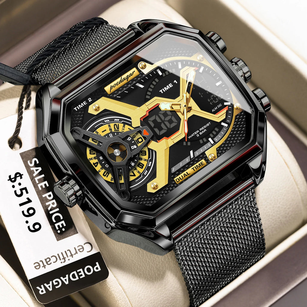 Poedagar E106 Luxury Mens Watch Square Stainless Steel Mesh Strap Wristwatch for Men Waterproof Chronograph Quartz Watches Reloj