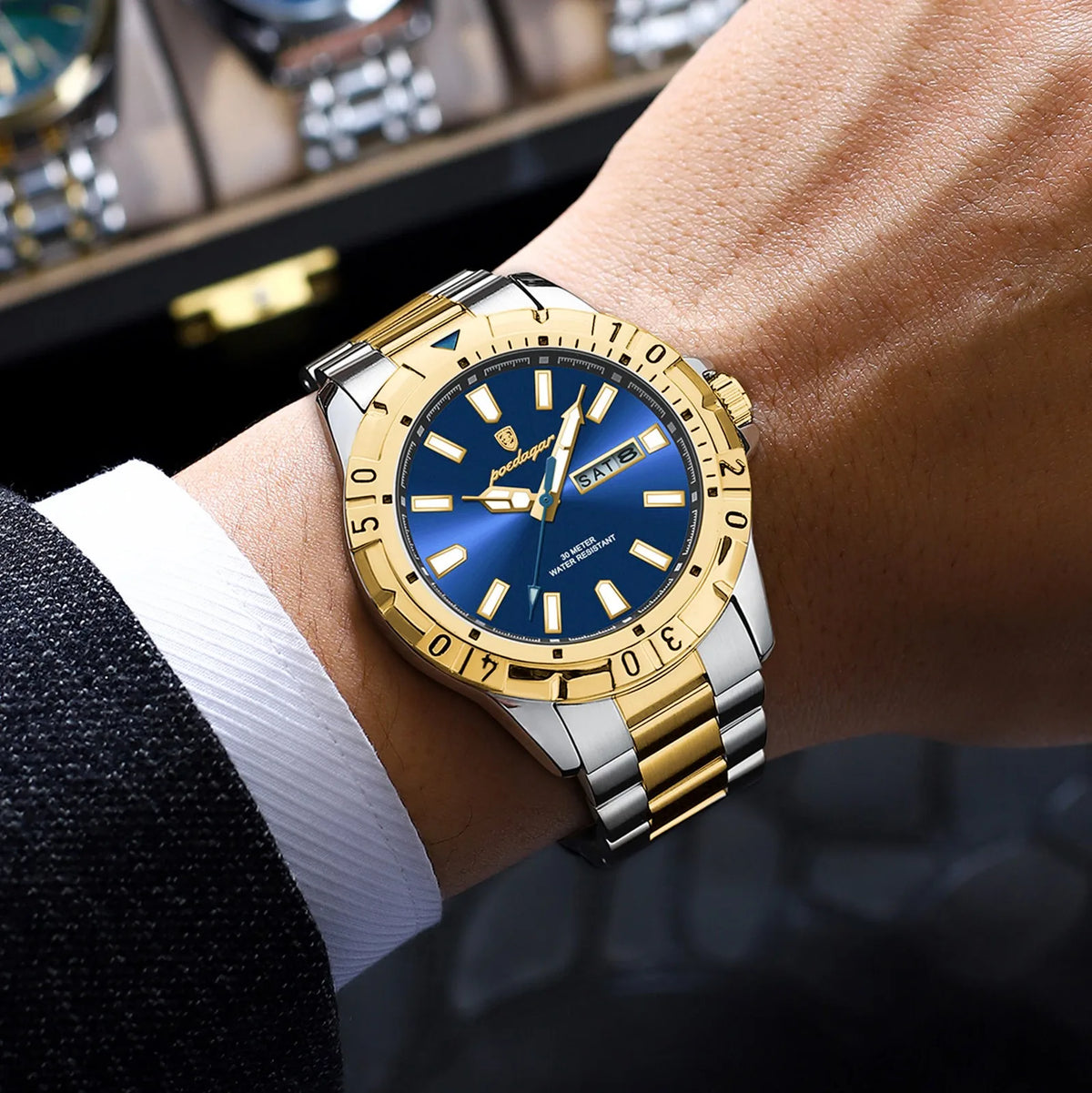 Poedagar 959 Men's Quartz Watch Two-Tone Stainless Steel Business Wristwatch Herrenuhr Waterproof Luminous Date Watch for Men