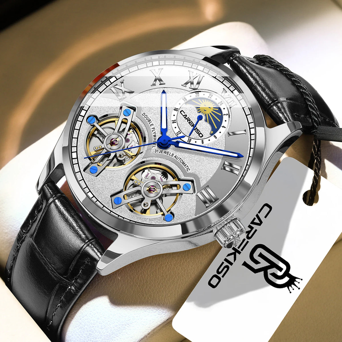 CAREKISO C123 Men Automatic Mechanical Watch Luxury Sport Leather Strap Waterproof Luminous Wristwatch