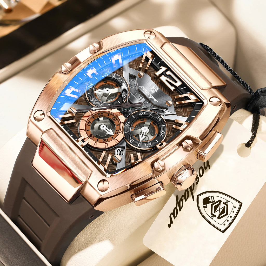 Poedagar 9051 Luxury Sport Men's Chronograph Alloy Case Square Dial Silicone Strap 3BAR Water Resistant Quartz Watch