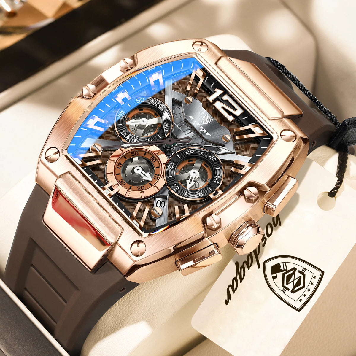 Poedagar 9051 Luxury Sport Men's Chronograph Alloy Case Square Dial Silicone Strap 3BAR Water Resistant Quartz Watch