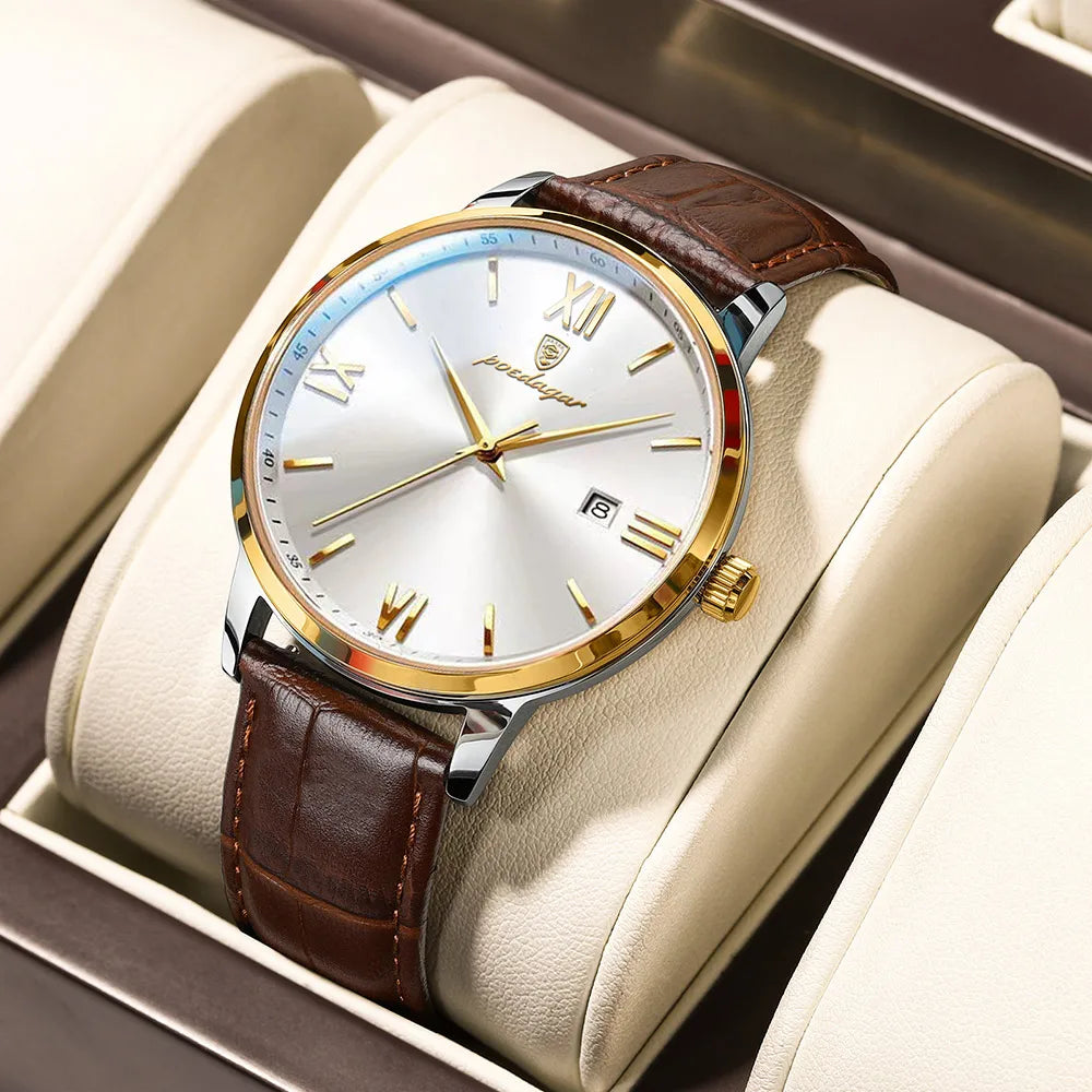Poedagar Classic Leather Quartz Watches Fashion Calendar Watches Men Wrist Waterproof Watch for Men Wholesale