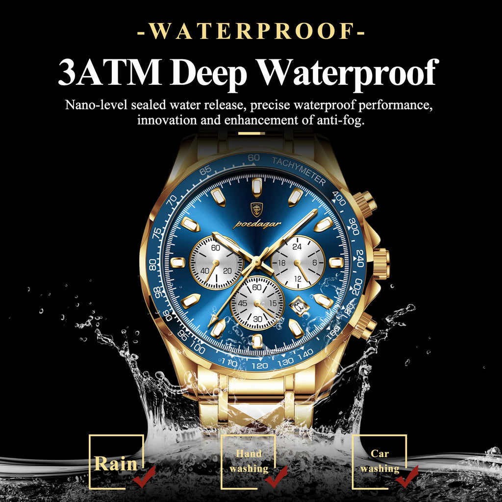 Poedagar 815 Men Watches Luxury Sport Tachymeter Chronograph 3-Eye Dial Stainless Steel Waterproof Wholesale Factory Direct