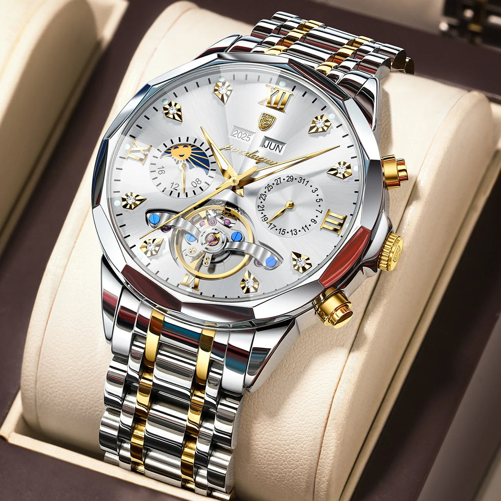 Poedagar 1422 Men Luxury Hollow Tourbillon Stainless Steel Waterproof Automatic Mechanical Wrist Watch