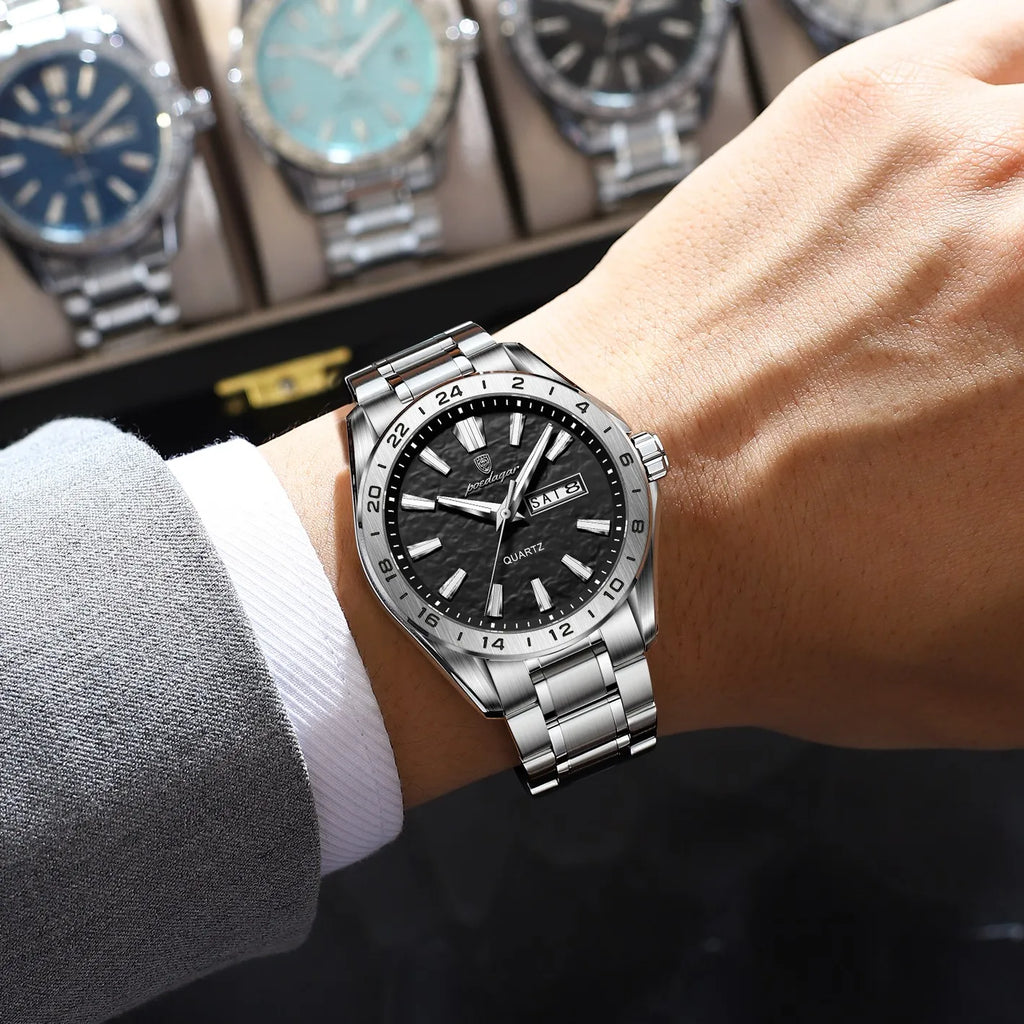 Poedagar 683 Men's Quartz Watch Luxury Formal Dual Calendar Waterproof Luminous Watch for Men Business Stainless Steel Strap