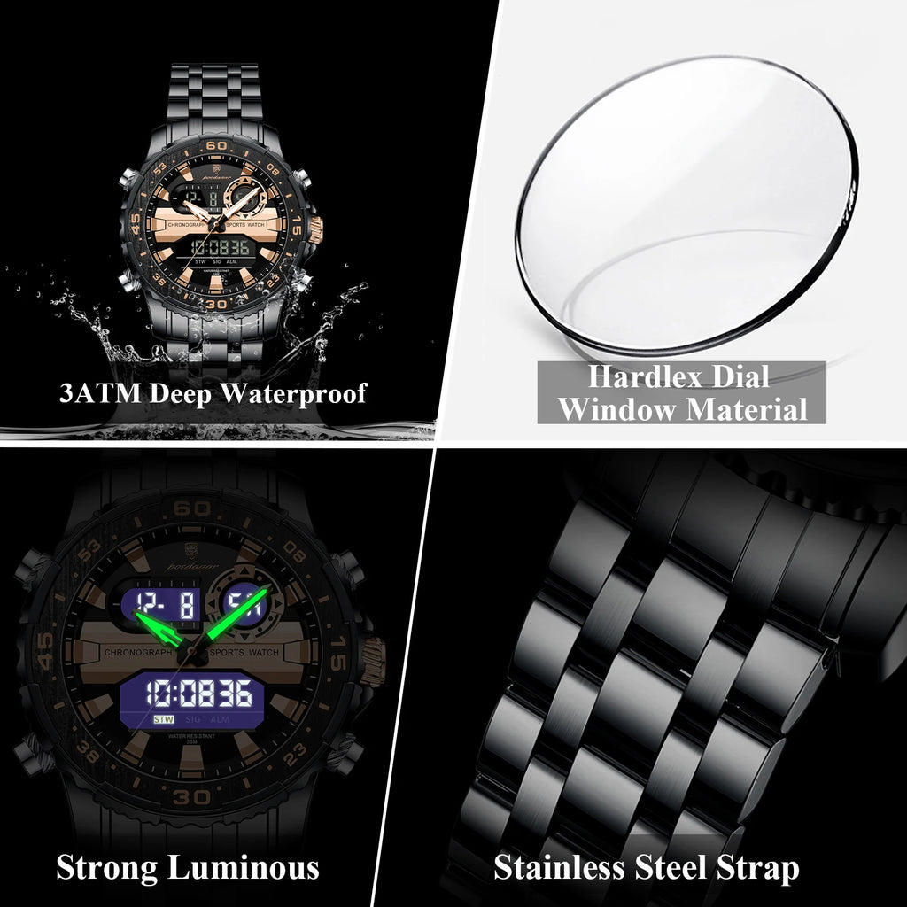 Poedagar E122 Men Watch LED Display Digital Chronograph Stainless Steel Alarm Luminous 3ATM Waterproof Factory Direct Sale Reloj