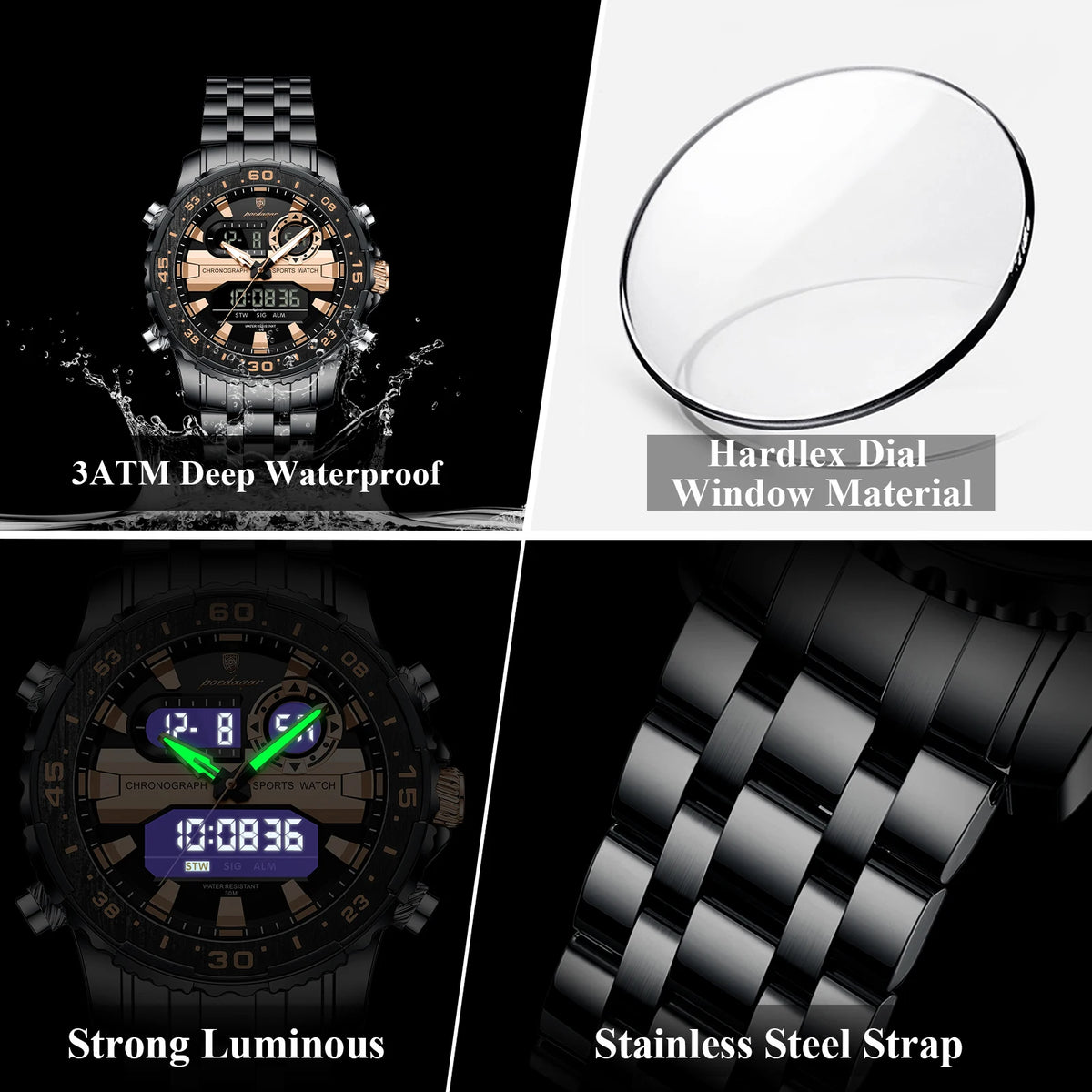 Poedagar E122 Men Watch LED Display Digital Chronograph Stainless Steel Alarm Luminous 3ATM Waterproof Factory Direct Sale Reloj