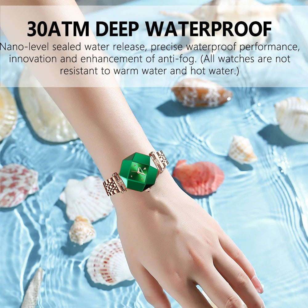Poedagar Women Fashion Green Leather Watches Elegant Diamond Luxury Quartz Ladies Wristwatch Waterproof Watch for Womens Opp Bag