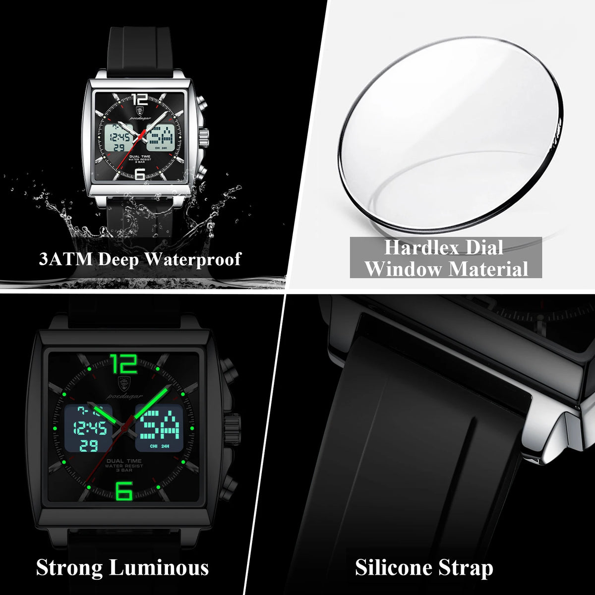 Poedagar E109 Men's Watch Dual Display Multifunctional Chronograph Quartz Silicone Strap Alarm Luminous Waterproof Watch for Men